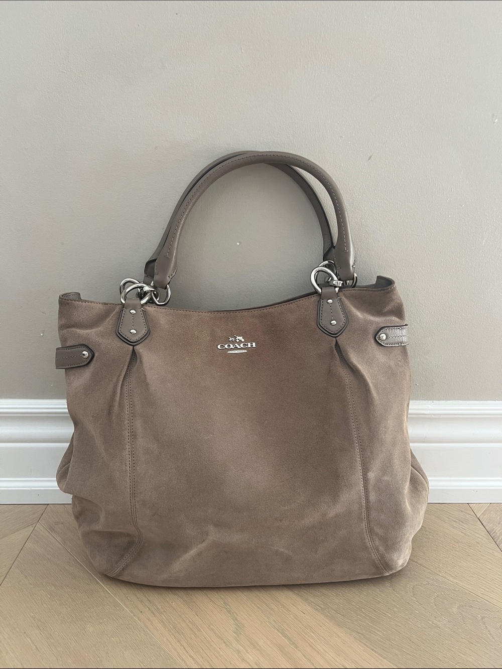 Coach Taupe Suede Shoulder Tote with Silver Hardware